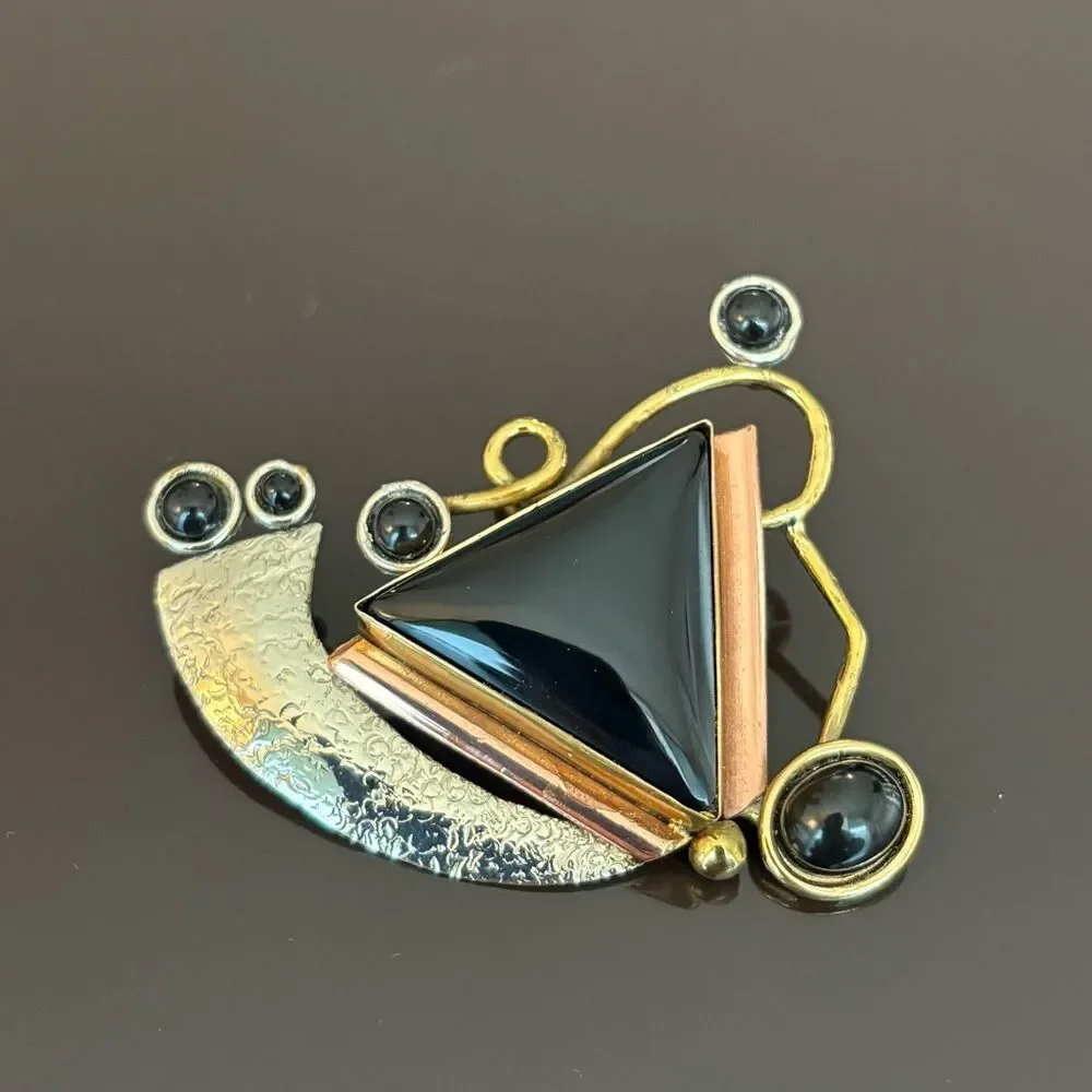 Artisan Onyx Stone & Mixed Metal Geometric Brooch - Picture 6 of 7